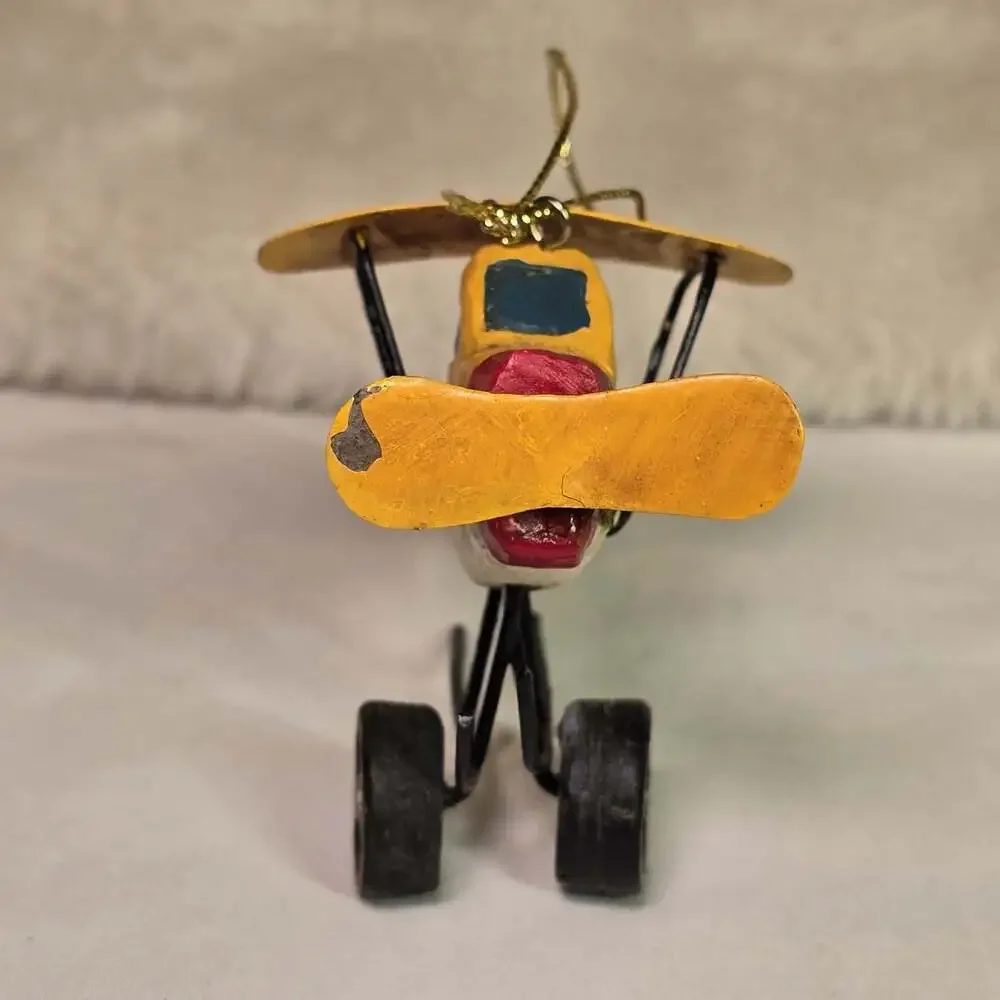 Vintage Hand-Painted Airplane Ornament Rustic Yellow Winter Scene Folk Art Xmas